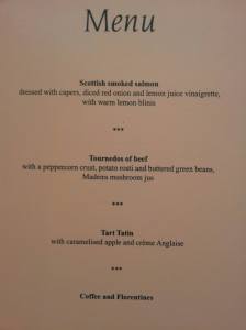 The menu: Smoked salmon, Beef and Tarte Tatin..